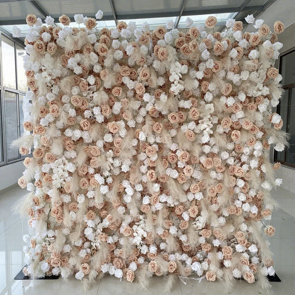 EG-WD91 Artificial Boho Flower Wall Silk Purple Blue 5d Flower Wall Wedding White Baby Breath 5d Roll up Flower Wall Backdrop