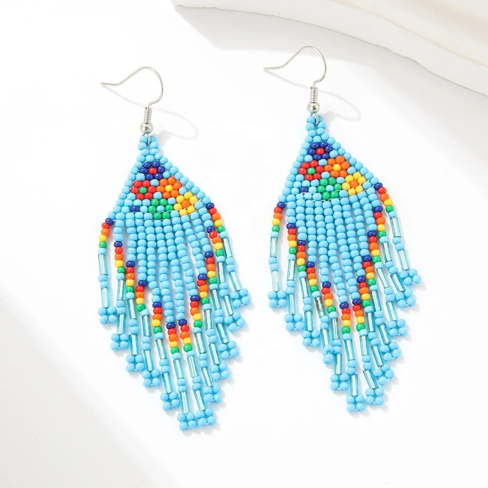 Boho Vintage Earrings for Women Geometric Multi-Color Seed Beaded Huggie Fringed Trendy Accessories for Wedding Party Gift Id