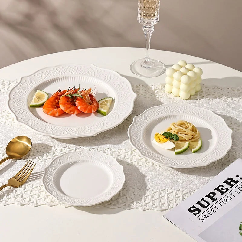 Minimalism European Style Plates Sets Dinnerware Dishes & Plates Dessert Plate for 6/8/10' Embossed Design Ceramic White Colo