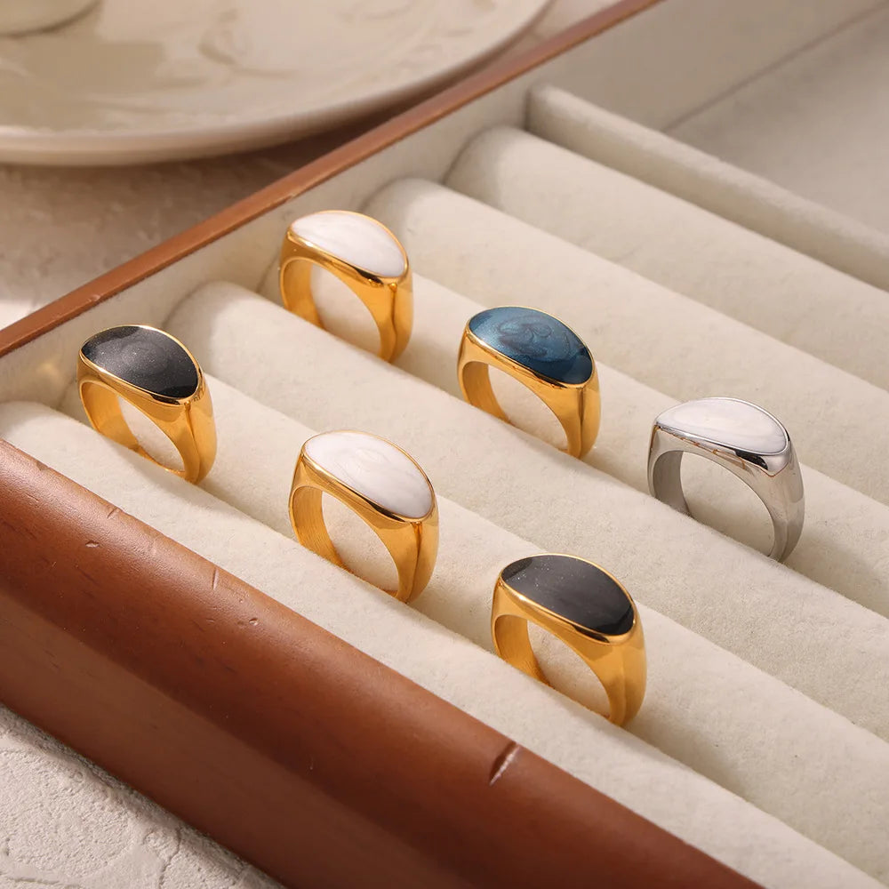 Trendy Design Stainless Steel 18K Gold Plated Enamel Size 6-8 Geometric Ring for Women Finger Jewelry A013MIX