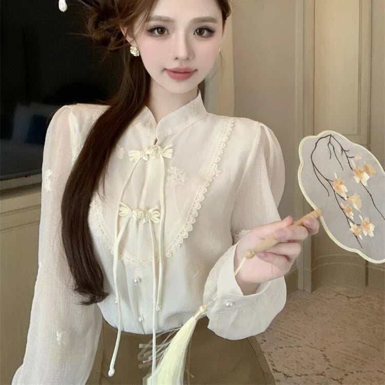 2024 Chinese Style Button up Embroidered Shirt for Women's Spring Autumn Lantern Sleeves Elegant Blouse Shirt