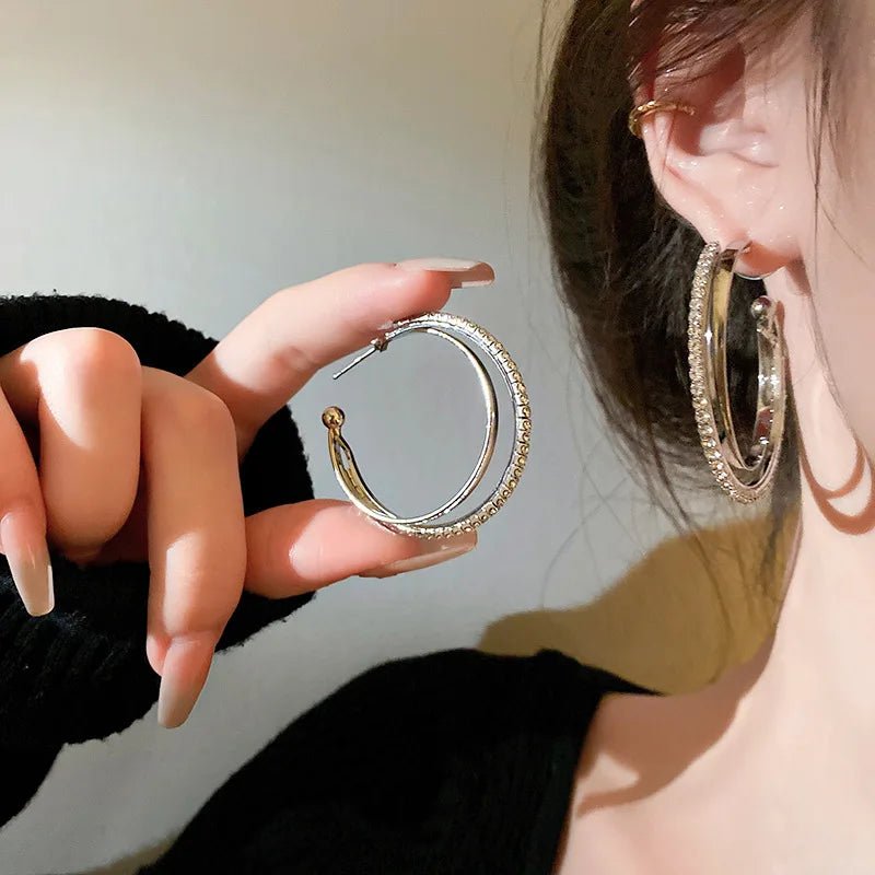 HOVANCI Fashion Jewelry Earrings Multi Layered Circle Double C Shape Zircon Diamond Rhinestone Earrings