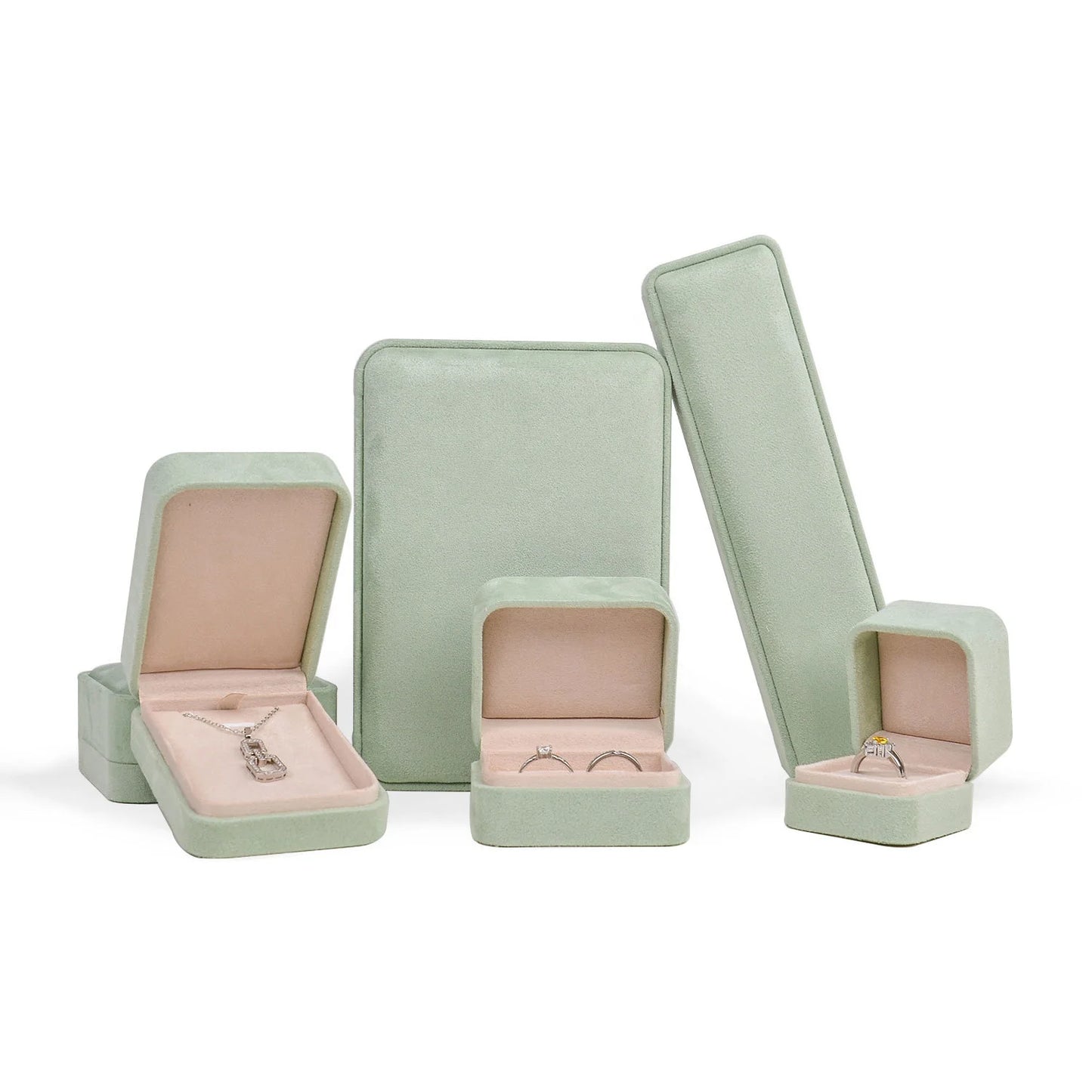 Custom Logo in Stock Luxury Necklace Ring Bracelets Pendant Magnetic Jewelry Gift Box  Green Velvet Jewelry Box