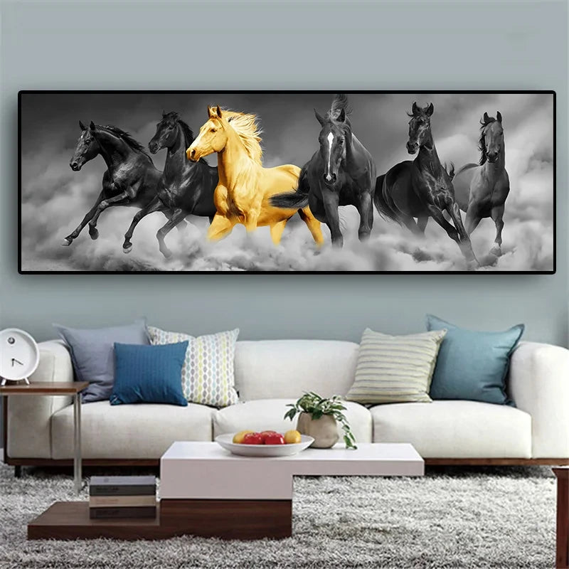 Black Gold Running Horse Canvas Wall Art Glass Crystal Mural Painting For Living Room Home Hotel Office Decoration