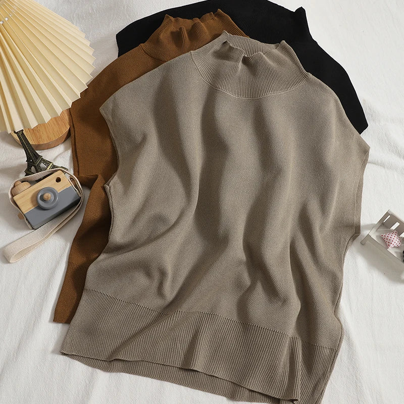 Wholesale 2026 Korean Pullover Half High Collar Sleeveless T-shirt in Autumn New Look Thin Solid Color Versatile Loose Knit V
