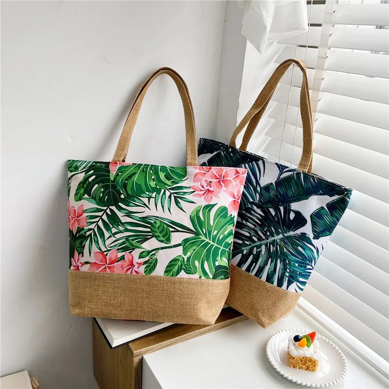 Qetesh Wholesale Large Capacity Linen Tote Bags with Zipper Custom Printing Canvas Beach Tote Bag for Women