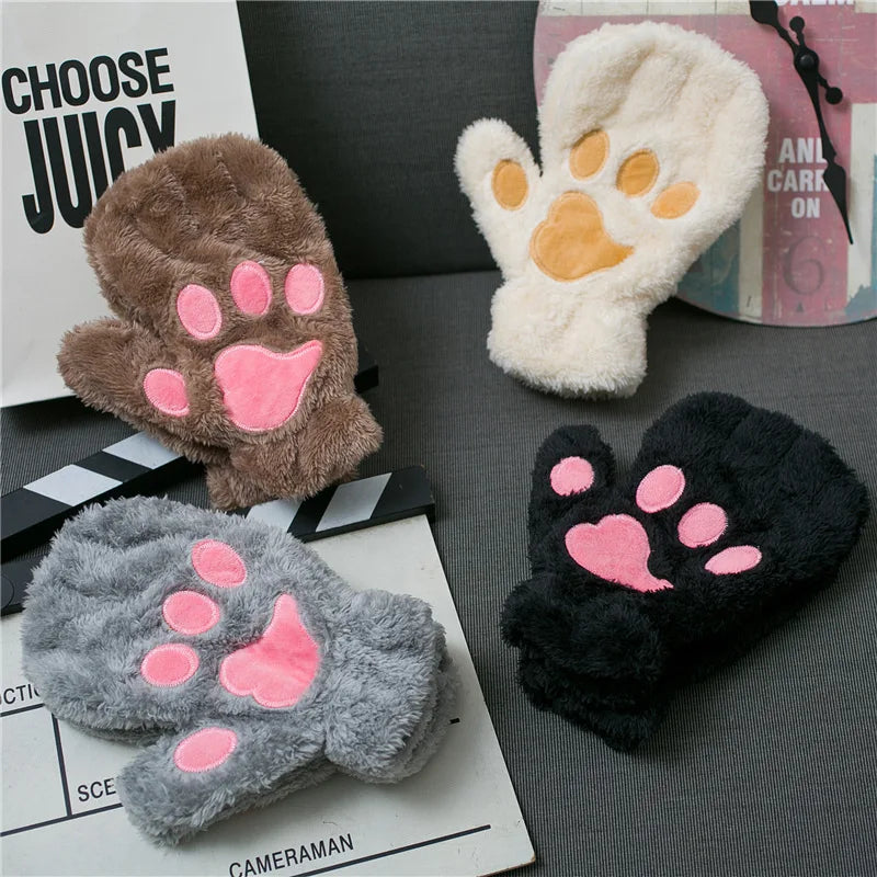 MIO Womens Cartoon Full-Finger and Fingerless Thicken Mittens Winter Warm Soft Plush Cat Gloves Girls Cute Cat Claw Paw Glove