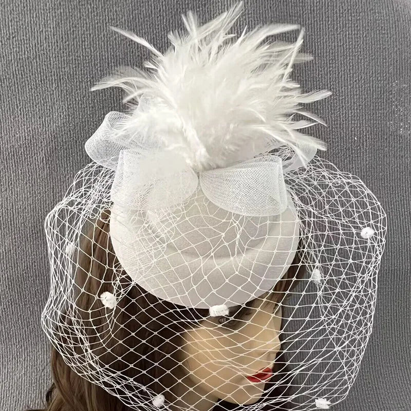 Vintage White Gauze Feather Hexagonal Flower Stewardess Hat Veil Hair Ornament Headpiece Top Hat