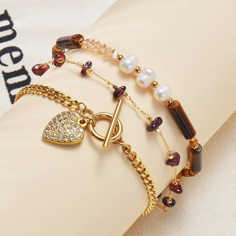 Metal Crushed Stone Hand-skewered Chain Heart Diamond Natural Freshwater Pearl  Beaded Stacking Bracelets for Woman