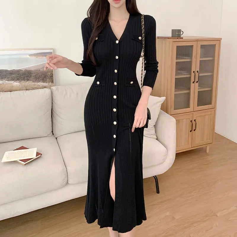 Wholesale 2026 Korean Chic Autumn and Winter Elegant V-neck Single Breasted Slim Slim Split Knit Heel Fishtail Dress