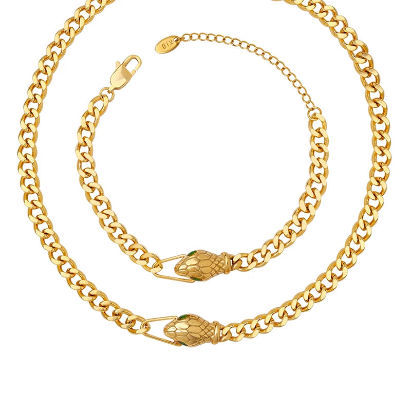 Factory Hot Sale Women's Stainless Steel Snake Head Green Zircon Chain Link Bracelet 18K Gold Plated Trendy for Weddings Part