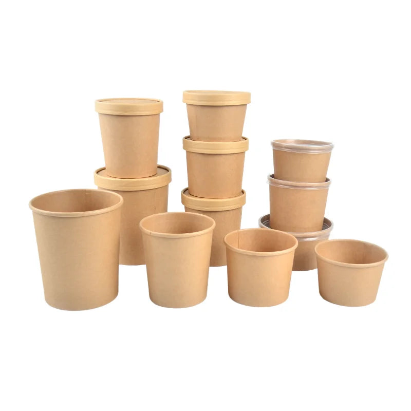 SenAng05 Paper Kraft Soup Cup 15oz 450ml Hot Food Container Fast Food Noodle Bucket With Vented Flat Lid Takeout Food Pack