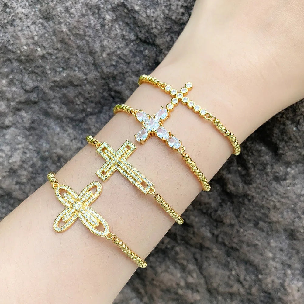 New Design  Wholesale Adjustable Beaded Bracelets Jewelry 18K Plated Gold Plated Zircon Cross Bracelet for Women