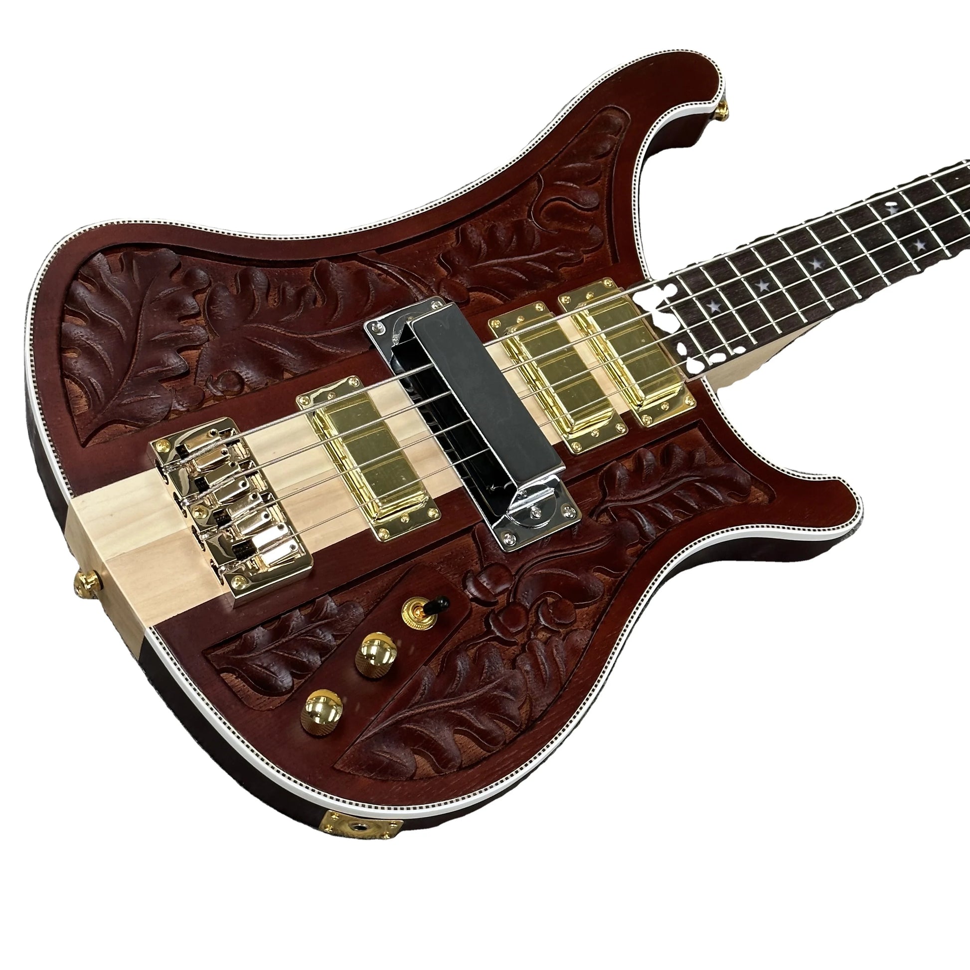 R-Brand Carved 4003 Electric Bass Guitar in Brown Maple Side Material with Gold Pickups Fast Shipping
