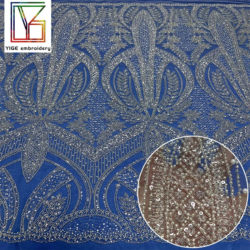 White Luxury Beaded Sequin Lace Fabric for Women Wedding Dress Bridal Heavy Beads Embroidered Pearl Tulle Lace Fabric