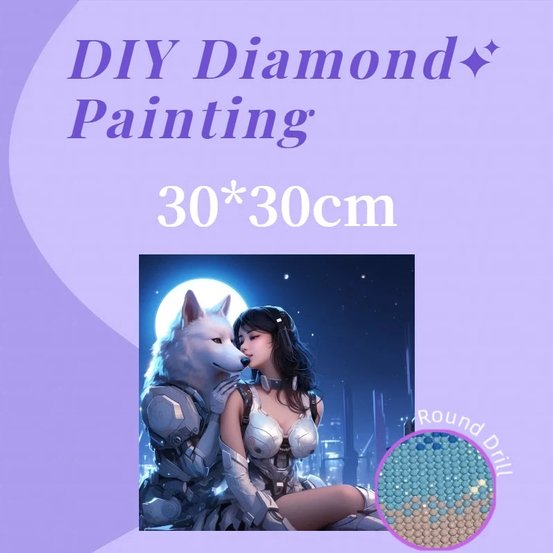 DIY 30x30cm Mechanical Wolf and Girl Diamond Painting Full Round 5D Acrylic Drill Creative Diamond Painting for DIY Lover