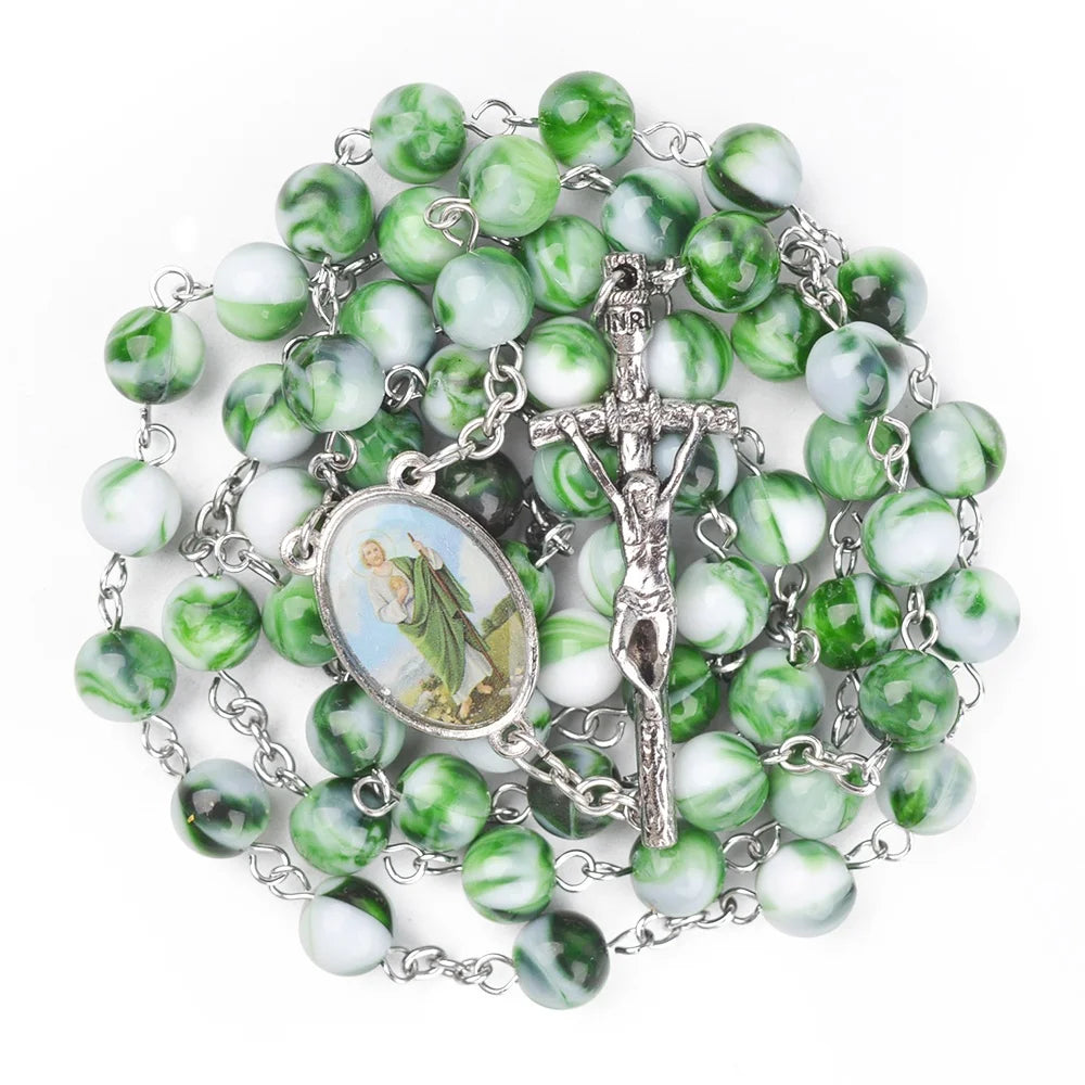 Green Beads St Jude Rosary Necklace for Catholics Round Acrylic Beads Match Color Medals