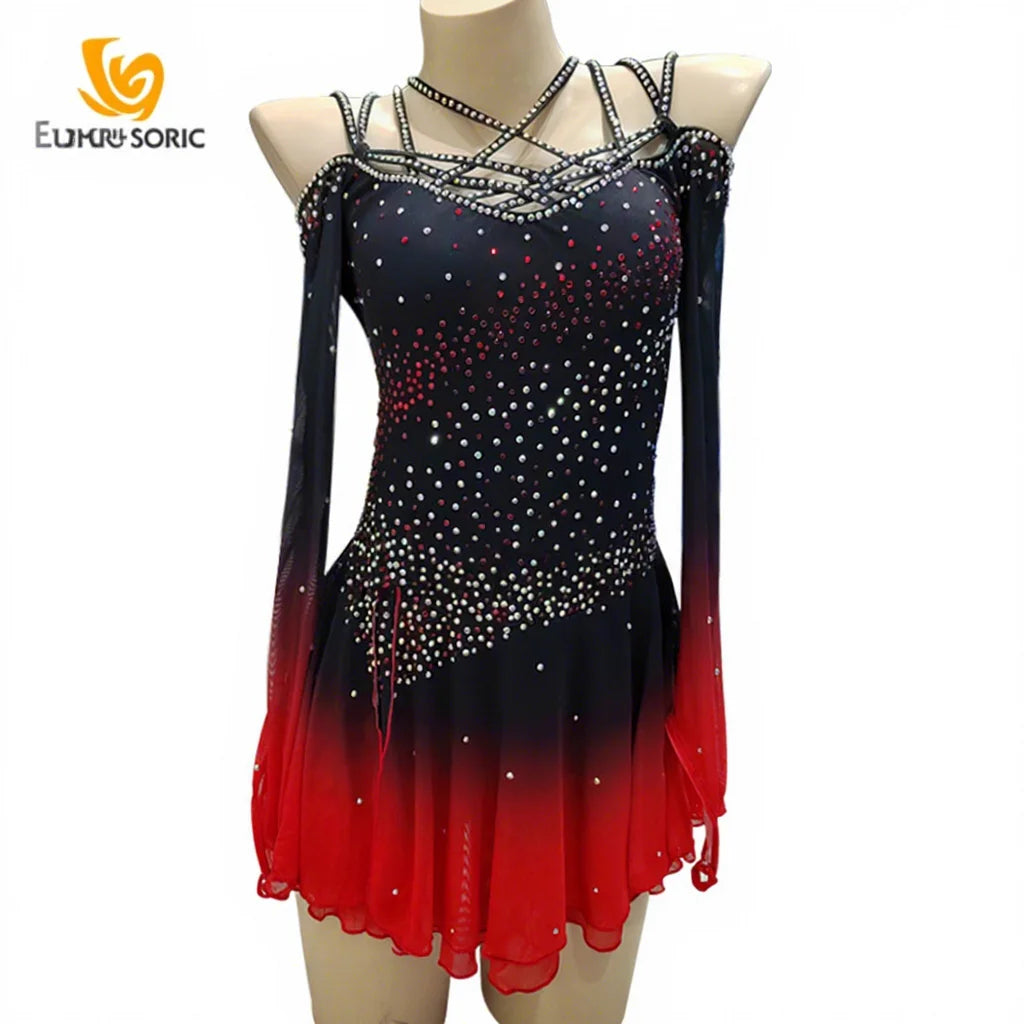 LIUHUO Girls Competition Costume Figure Skating Dress with Rhinestones Mesh Spandex Performance Wear for Latin Dress