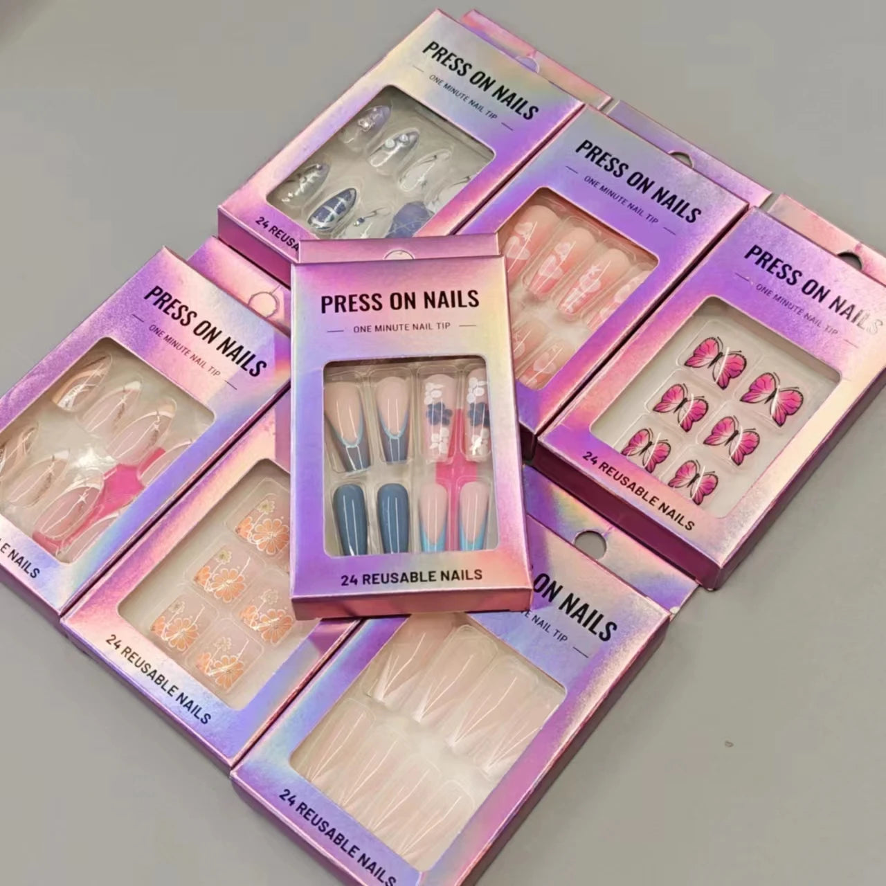 24pcs Wholesale PMMA Acrylic Fake Nails Set Full Cover with Glue Design square Press on Nail Boxed Private Label
