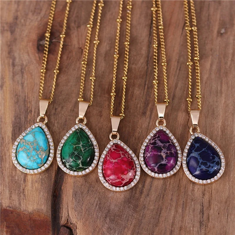 Boho Zircon Circled Teardrop Pendant Necklace Fashion Gold Stainless Steel Chain Necklace Femme Jewelry Wholesale Dropshippin