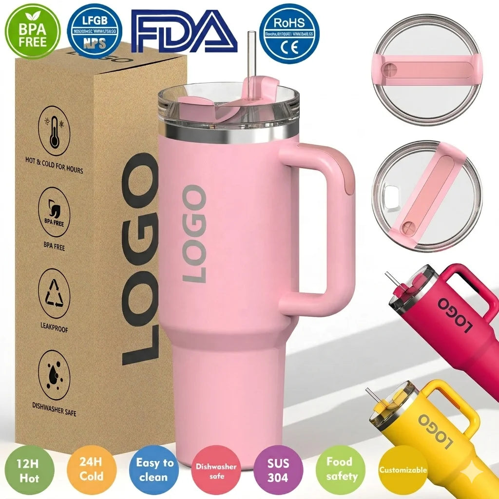 40oz Insulated Tumbler with Handle Bulk Wholesale Custom Logo Double Wall Stainless Steel Vacuum Travel Mug BPA Free