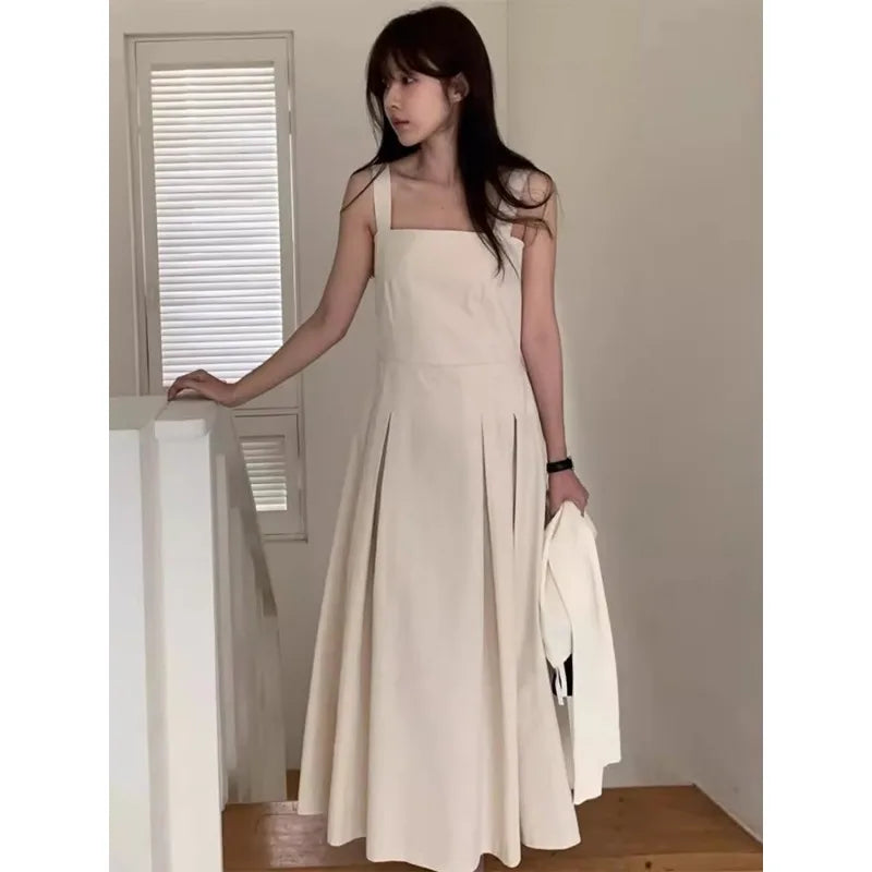 Boutique Wholesale 2026 Summer New Niche Minimalist Pleated Suspender Waist Slimming Women's Dress