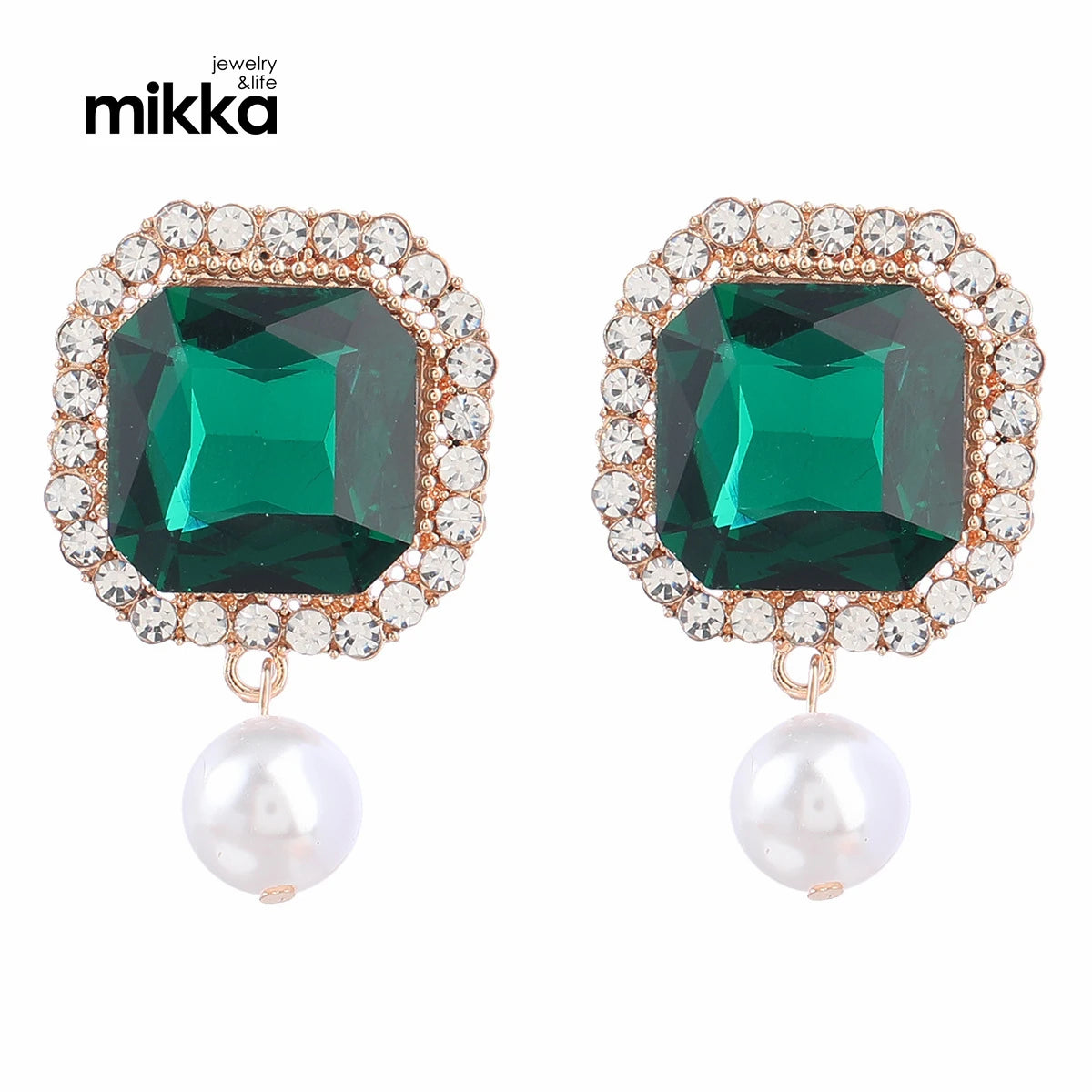 Super Flash Claw Chain Square Alloy Earrings with Pearl for Women in Europe and America Green Silver Gold Rose Red