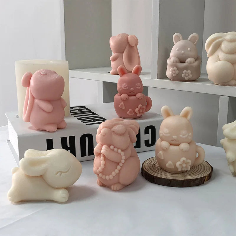 Bunny Series Small Aromatherapy Candle Plaster Animal Silicone Jelly/Pudding Mold DIY Cartoon Rabbit Drip Ornament Molds