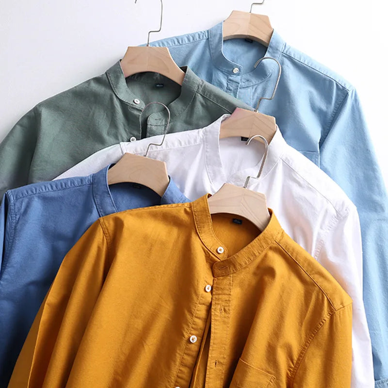 RNSHANGER New Pure Cotton Spring Breathable Casual Stand Collar Oxford Spun Long Sleeve Japanese No-Iron Fashion Men's Shirt