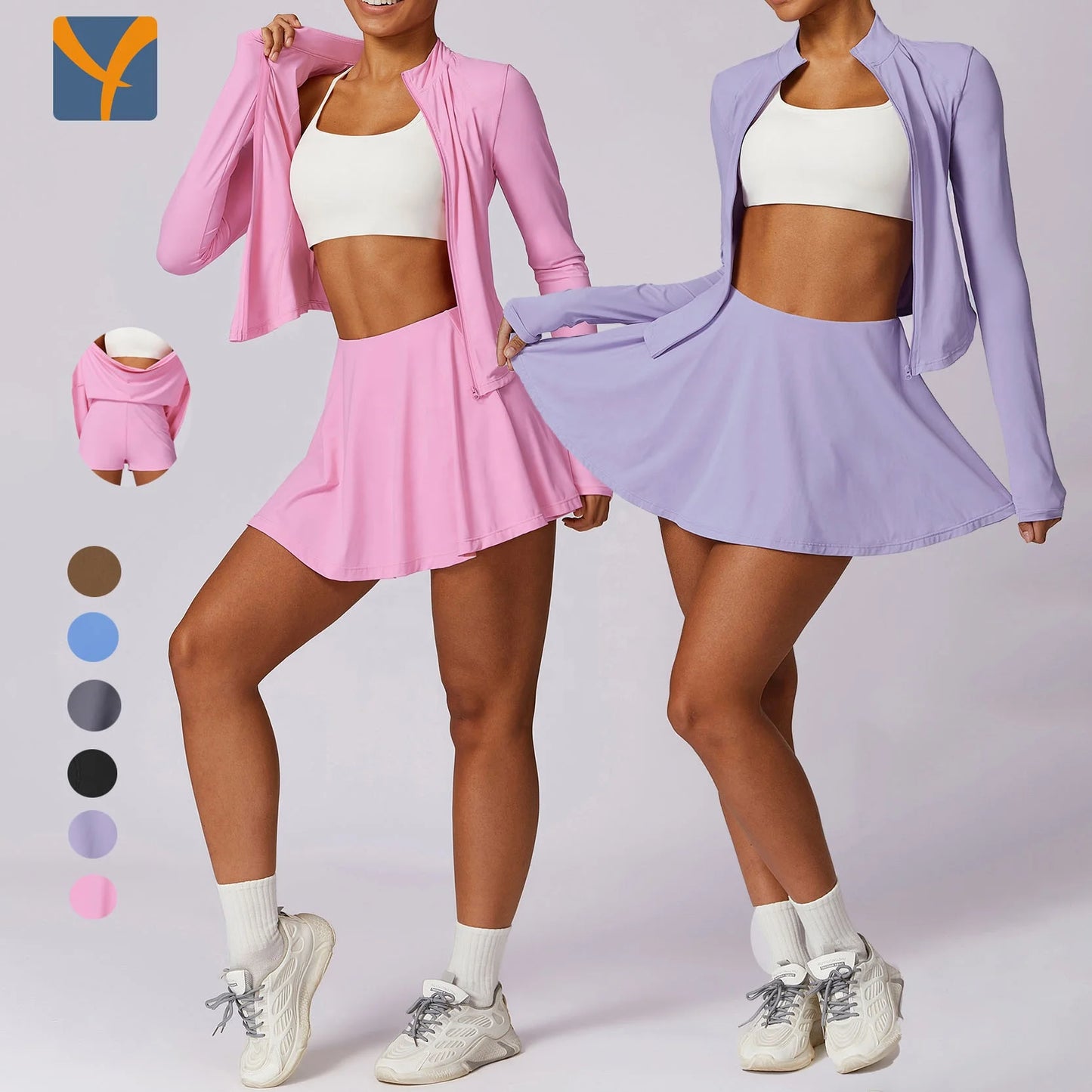 YIYI Wholesale Breathable Slim Workout Suits High Waist 2 Layers Skirts Fashion Tennis Sets Women Sport Wear Gym Fitness Sets