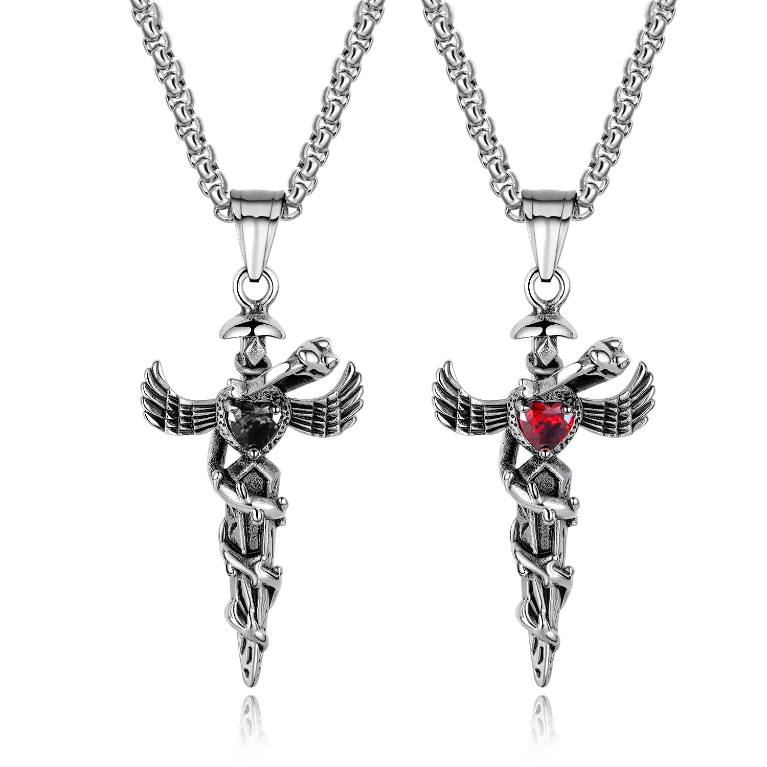 Men's Arrogance Sword Snake Wrapped Opal Cross Pendant Necklace Initial Crystal Angel Wing Pendant Stainless Steel Necklace
