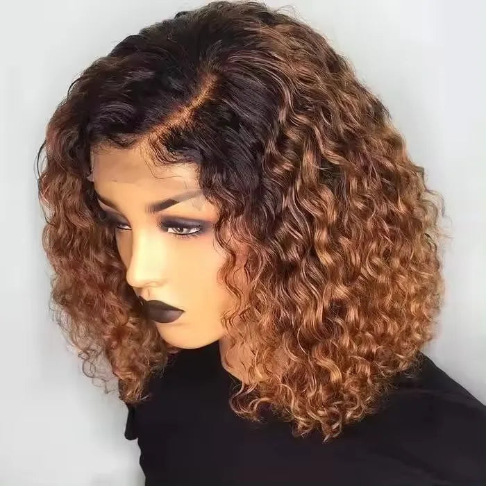 Factory on Sale Ombre Brown Color Short Curly Bob Wigs Virgin Human Hair Lace Frontal Bob Wigs for Black Women