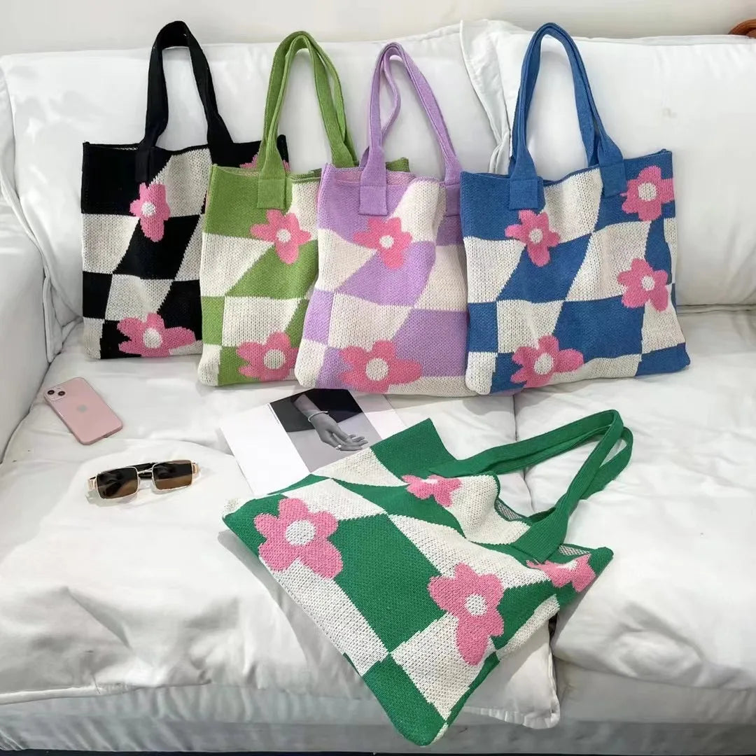 Designer Women's Soft Woolen Crochet Knitting Tote Handbags New Trendy Large Capacity Floral Casual for Ladies Girls Two Hand