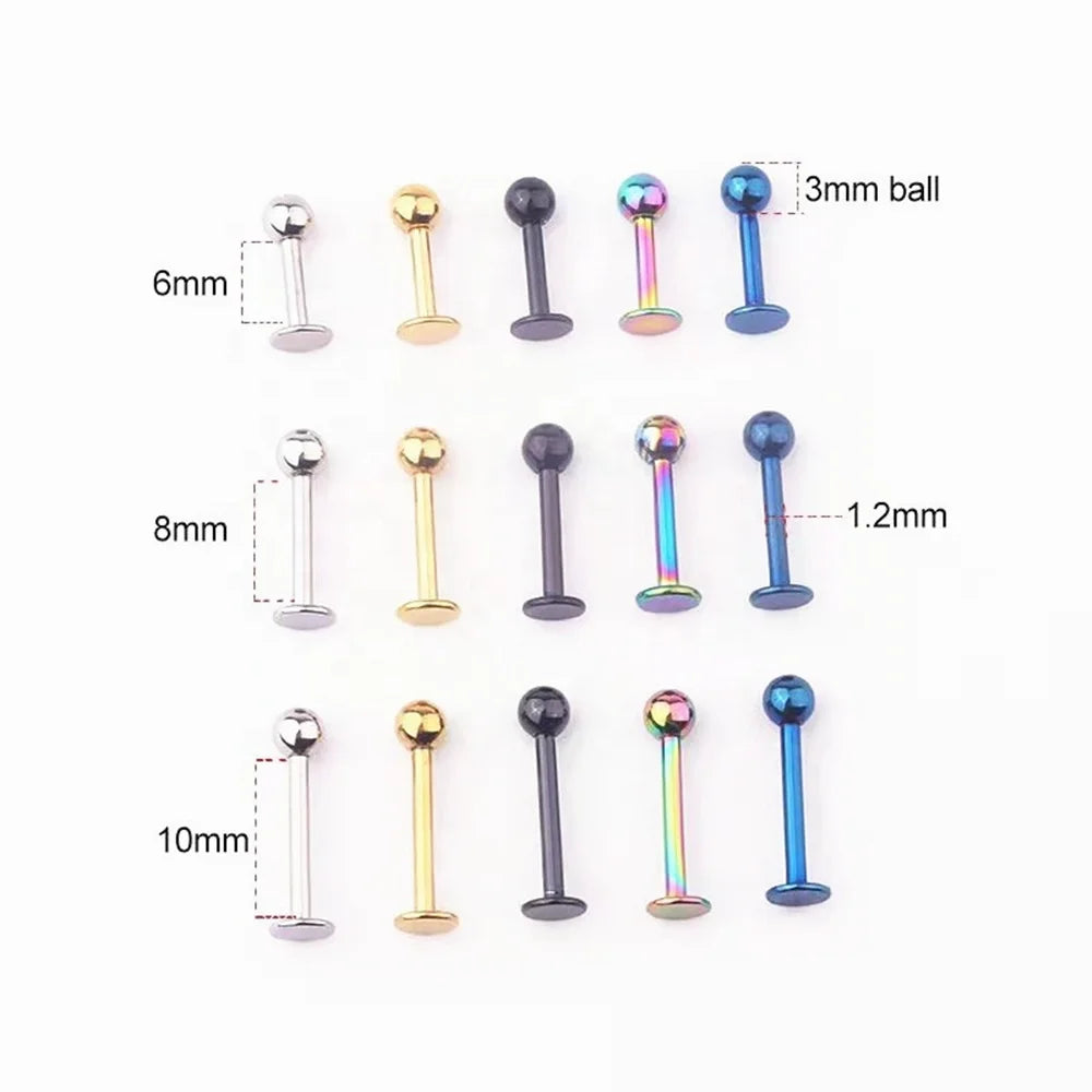 Stainless Steel Flat Bottom Labret Piercing  External Thread  Simple Ball Lip Earring Stud Cartilage Tragus Tongue Body Jewel