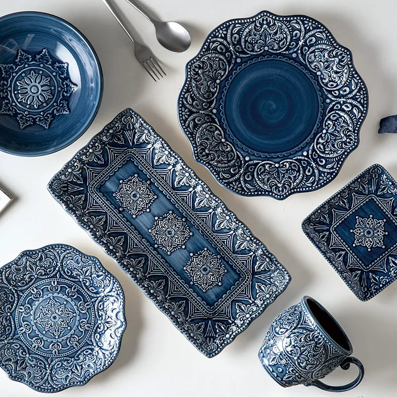 Europe Embossed Baroque Style Dinnerware Tableware Dinner Set Dish Restore Ceramic Plate