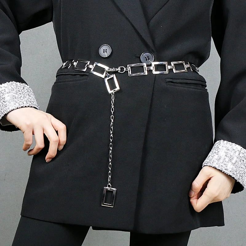Simple Fashion Square Metal Waist Chain for Ladies Glossy Electroplated Decorative Belt