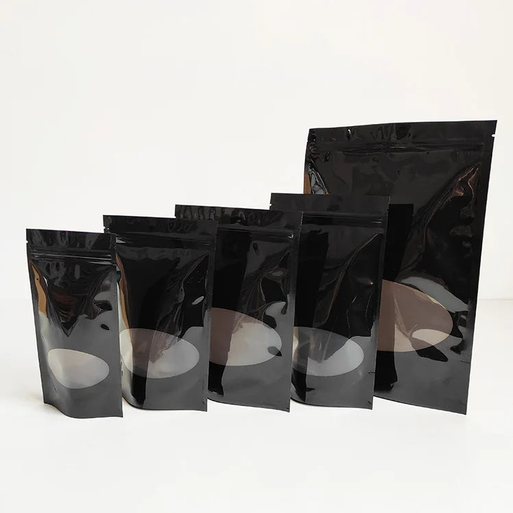 13.5x20cm New Arrival Black Plastic Zipper Stand up Pouch Resealable Food Storage Packaging Bags with Round Window