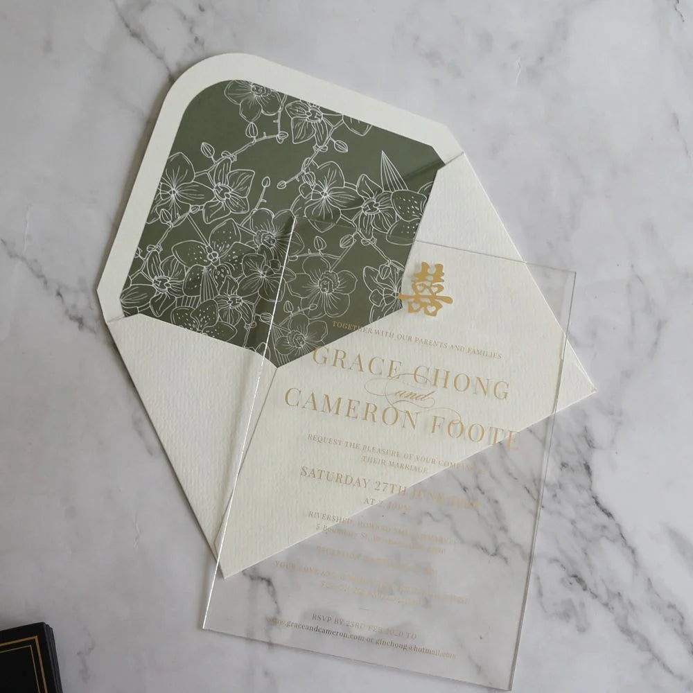 Wholesale Transparent Acrylic Wedding Invitation Cards with Gold Foil Print Free Design Envelope-Inspired Music Angels Fairie
