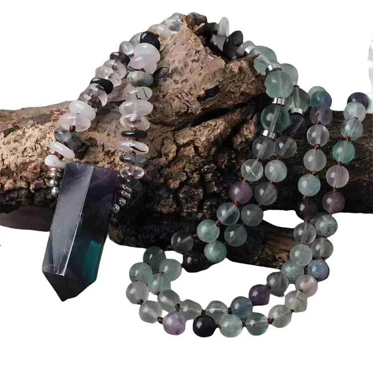 Rainbow Fluorite Healing Black Rutilated Quartz Knotted Mala Bead Prayer Necklace for Women Jewelry