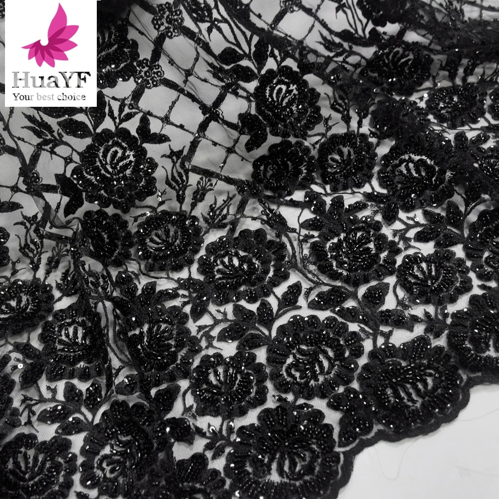 2024 Hot Black Rose Flower Mesh Fabric Lace Beaded Sequins Fabric for Gown Glamorous Dresses HY1765-6