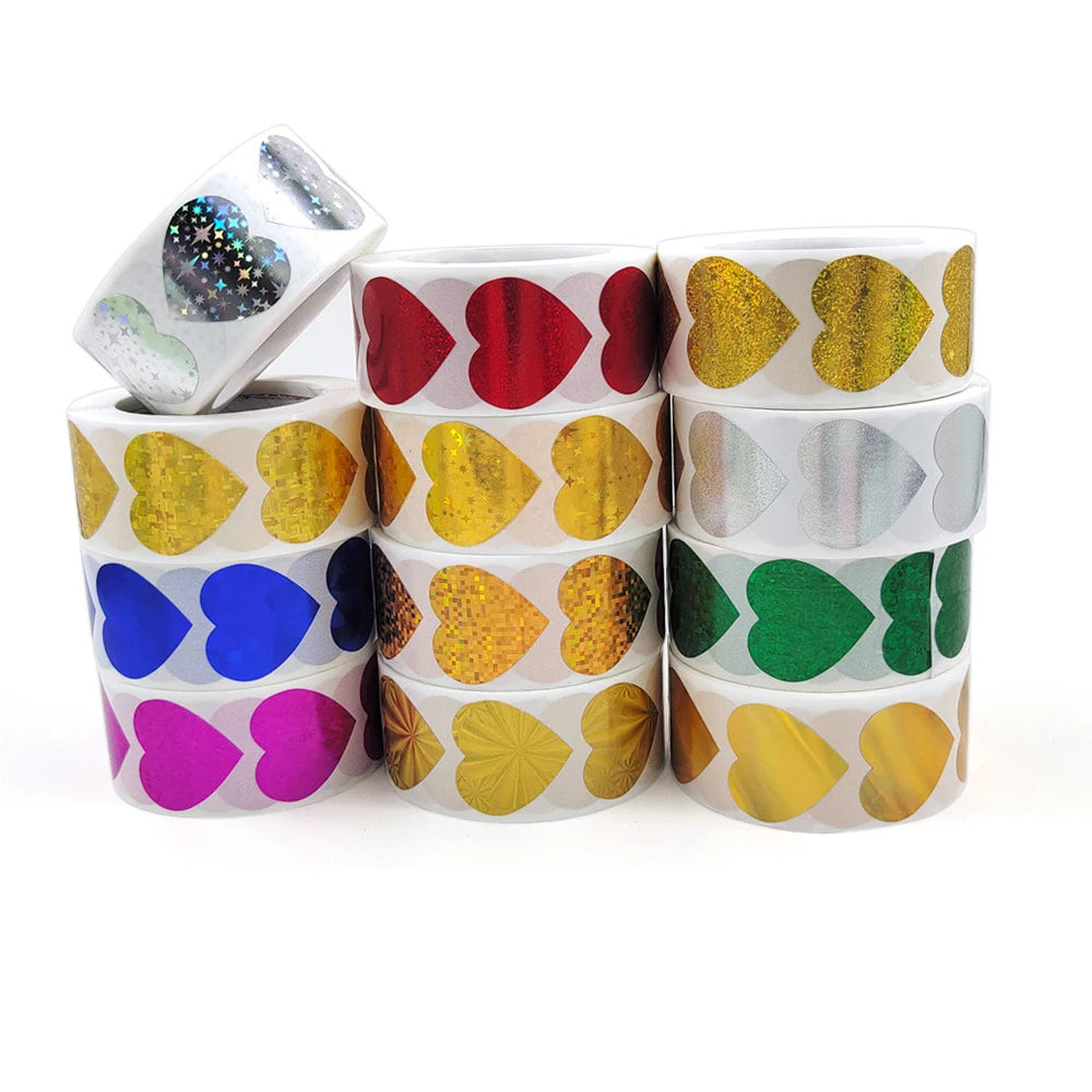 12 Color Labels 500 PCS Heart Shaped Color Coded Self Adhesive Holographic Seal Stickers for Wedding Gift Envelopes