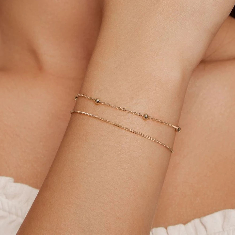Minimalist 18K Gold Beads Chain Bracelet Women Femme Waterproof Stainless Steel Double Layered Chain Bracelets for Girls