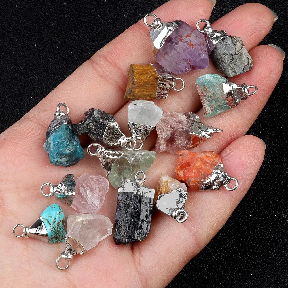Silver Plated Unshaped Natural Rough Stone Pendants Irregular Birthstone Raw Crystal Gemstone Charm Pendants Alloy Children