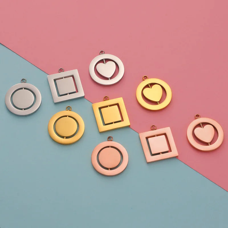 Wholesale New Creative Mirror Round Heart Pendants Stainless Steel Rectangular High Polished Rotatable Charms for Jewelry Mak