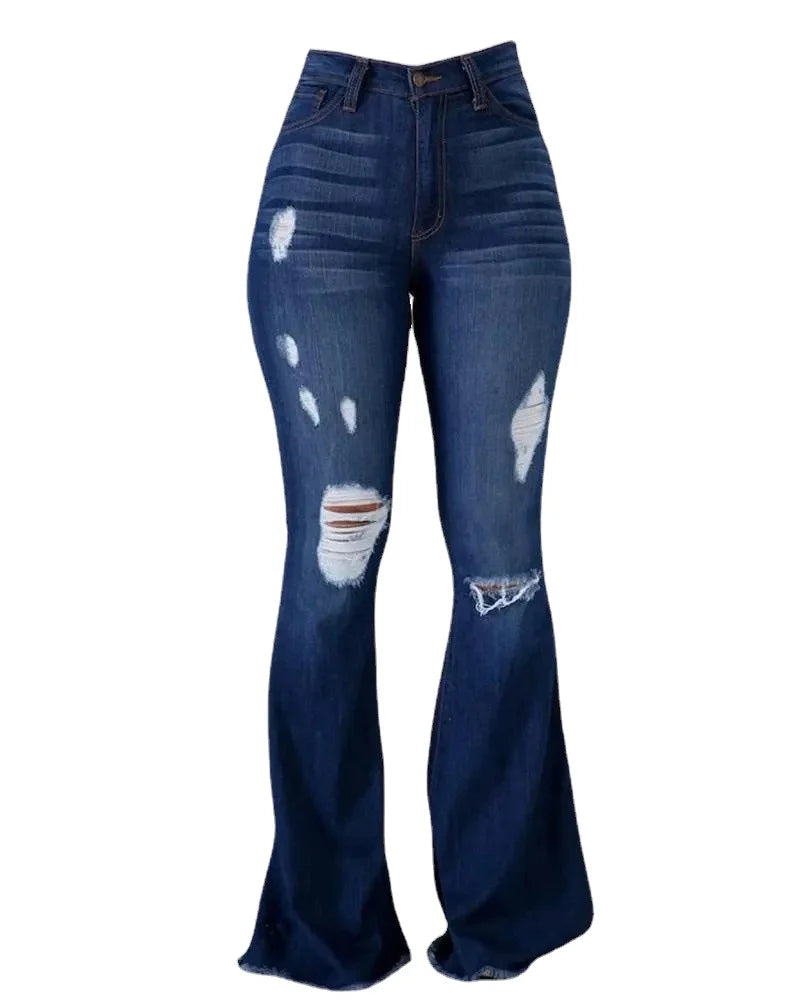 2024 New Fashion Women Autumn Long Pants Solid Color High-pop Ripped Jeans High-waisted Flared Pants Casual Jeans
