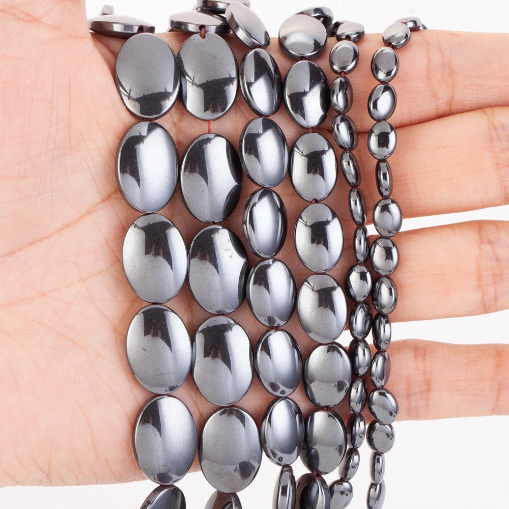 AsVrai U Natural AA+ Black Hematite Stone Flat Ellipse Loose Spacer Beads for DIY Jewelry Making Bracelet 15'' Handmade