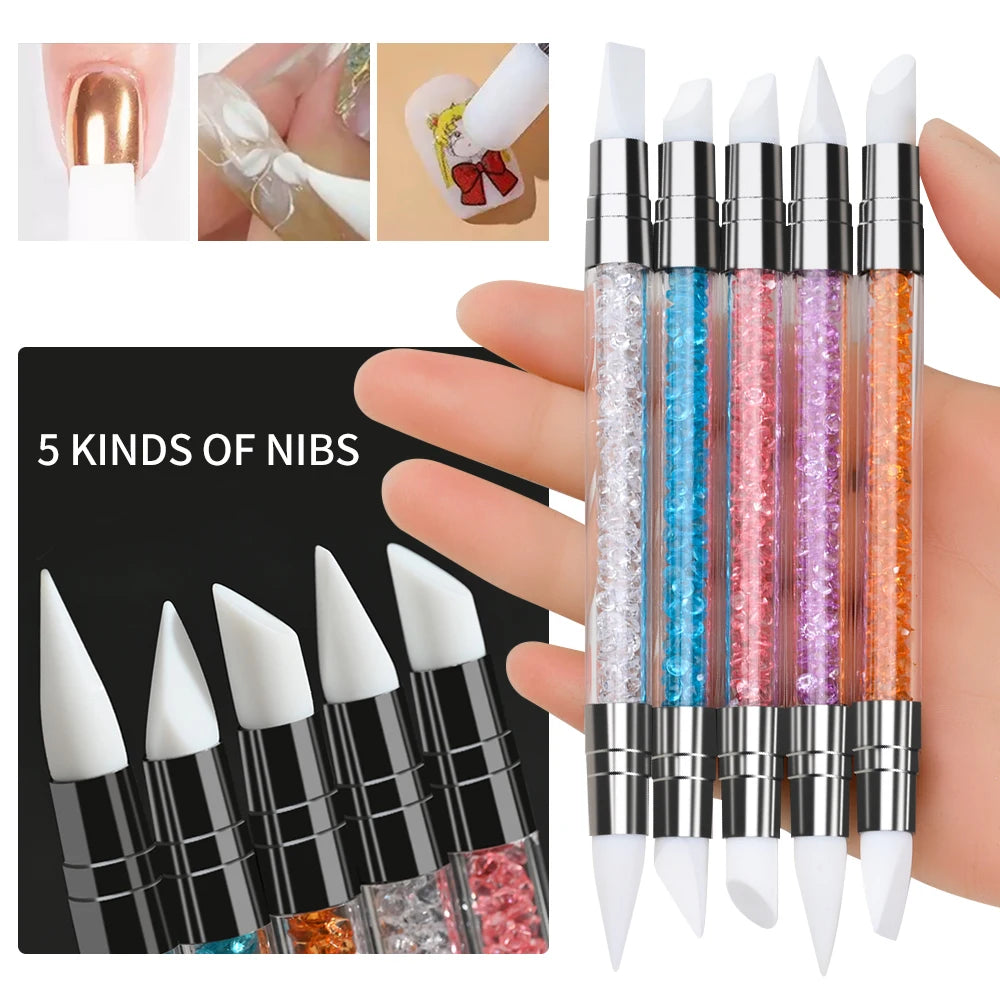 5pcs Set Dual-ended 2 Ways Silicone Nail Art Sculpture Pen 3D Carving DIY Manicure Dotting Brush Nail Embossing Pen