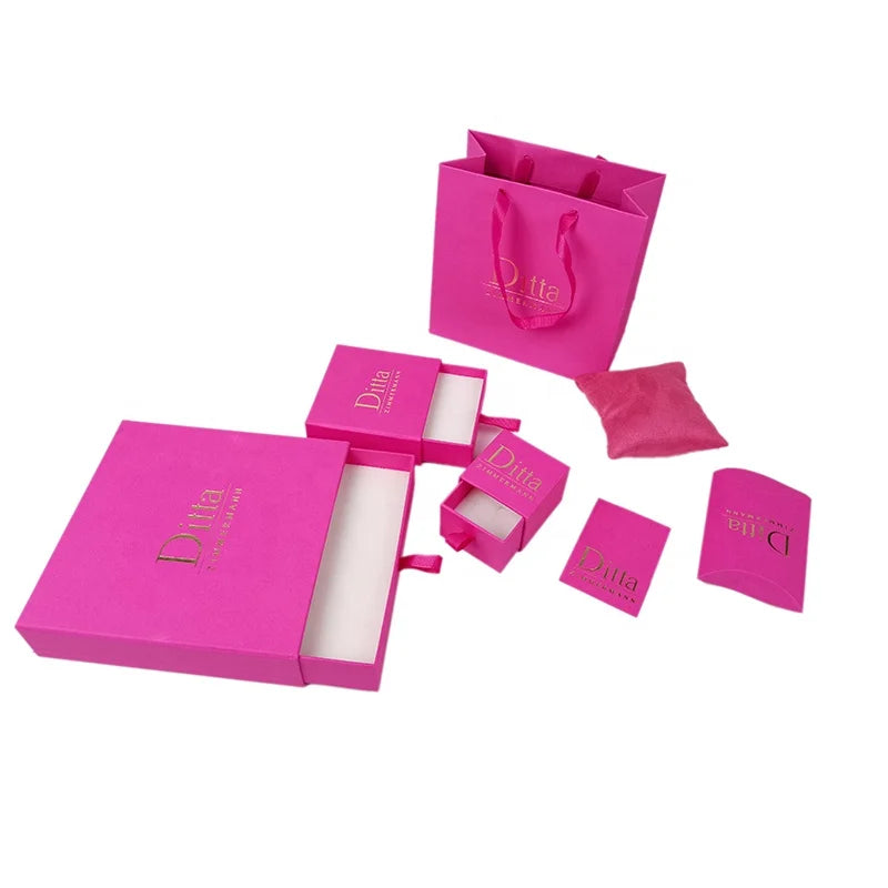 Custom Rose Pink Rectangle Sliding Drawer Gift Box Leather Exterior Foam Velvet Lining Paper Bag Included for Necklace Jewelr