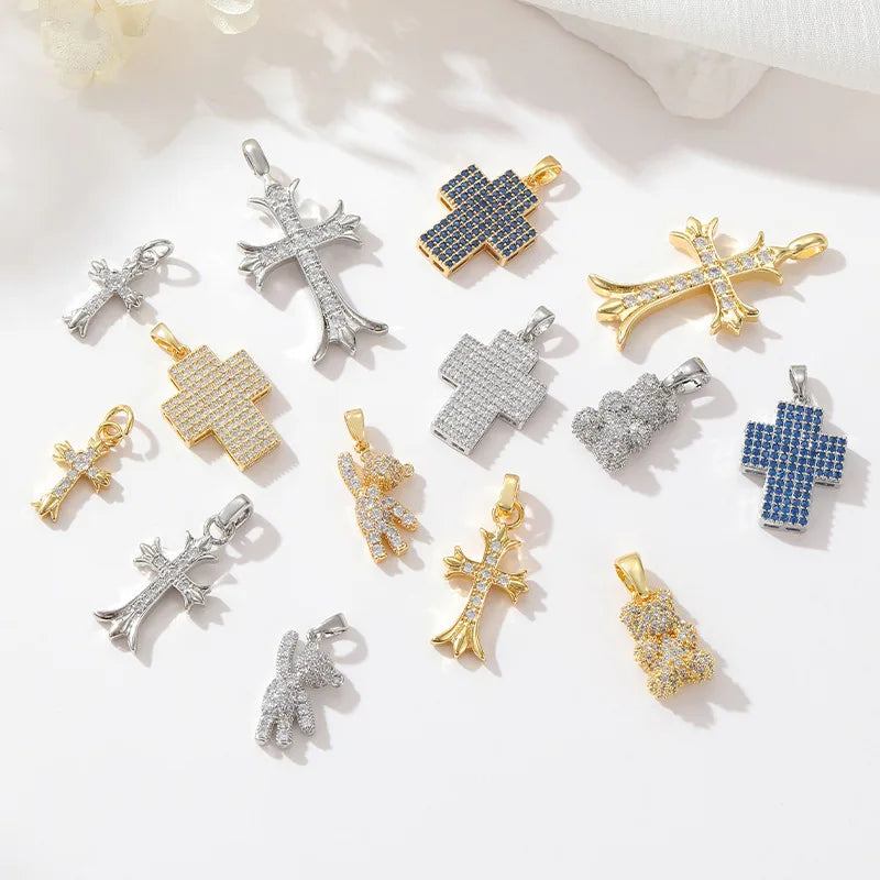 New Fashion Jewelry Findings Cross Zircon Pendant Necklace Making Charms Zircon Bear Pendant Diy Jewelry Charm