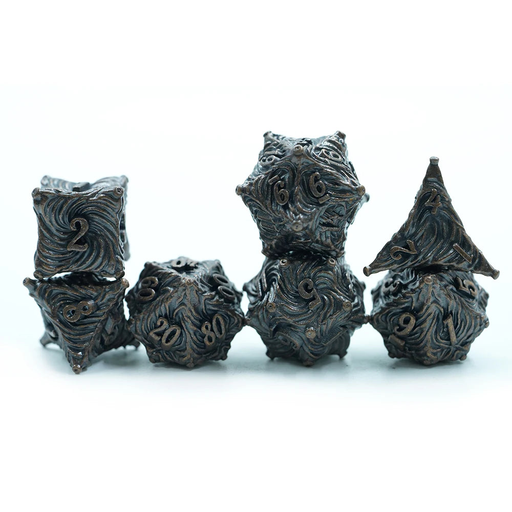 7pcs Polyhedral Dungeons and Dragons RPG Dice Set Black Copper Stripe Metal DND Games Usage